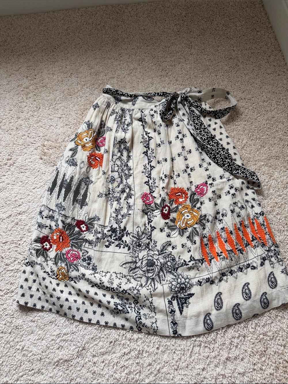 Embroidered A-Line Wrap Skirt - Cream with Black & Orange Floral Accents